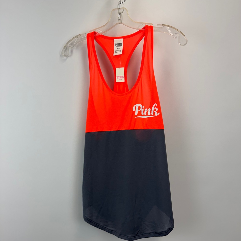 Victoria's Secret PINK Racerback Tank Top Neon Orange Grey Colorblock Small NEW